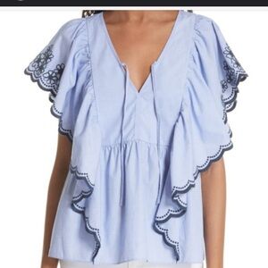 Kate Spade Eyelet Daisy Embroidered Ruffle Short Sleeve Blouse Tie Front Top S